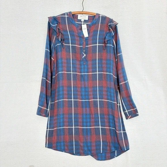 NWT CLOTH & STONE Anthropologie M Ruffled Shirt Dress Plaid Brushed Long Sleeve NWT CLOTH & STONE Anthropologie M Ruffled Shirt Dress Plaid Brushed Long Sleeve